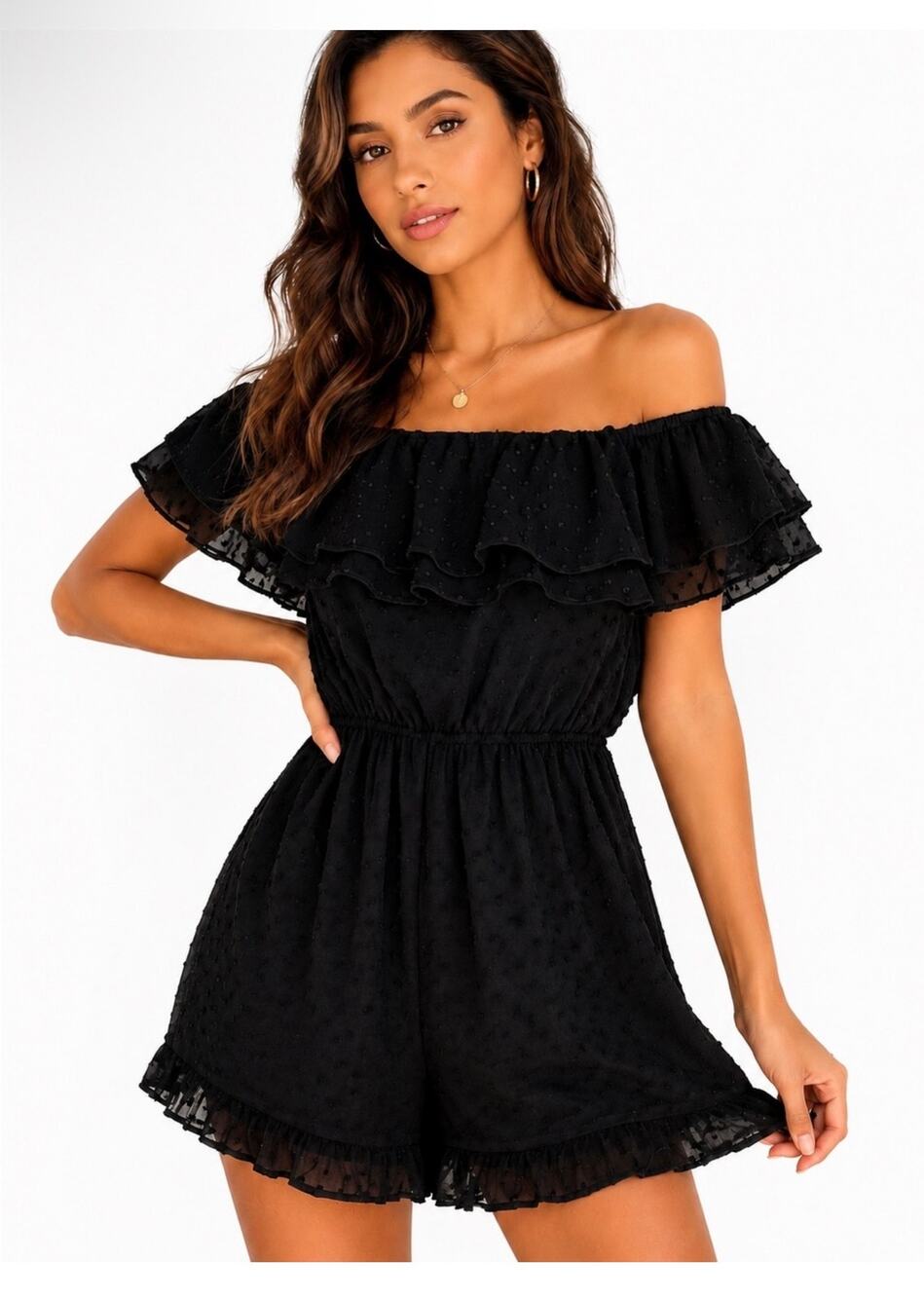 NWT! Lulus Frilled To Bits Black Off-the-Shoulder Swiss Dot Ruffle Romper M